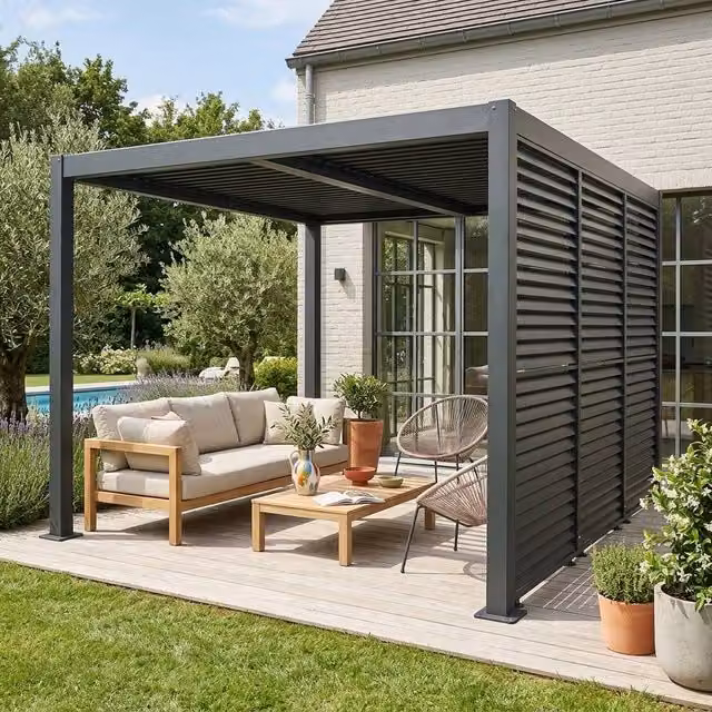 Sweekeek Louvered Pergola in Dark Grey with 3 Adjustable Slat Louver Panels, W: 400 cm, D: 300 cm, H: 231 cm – 1