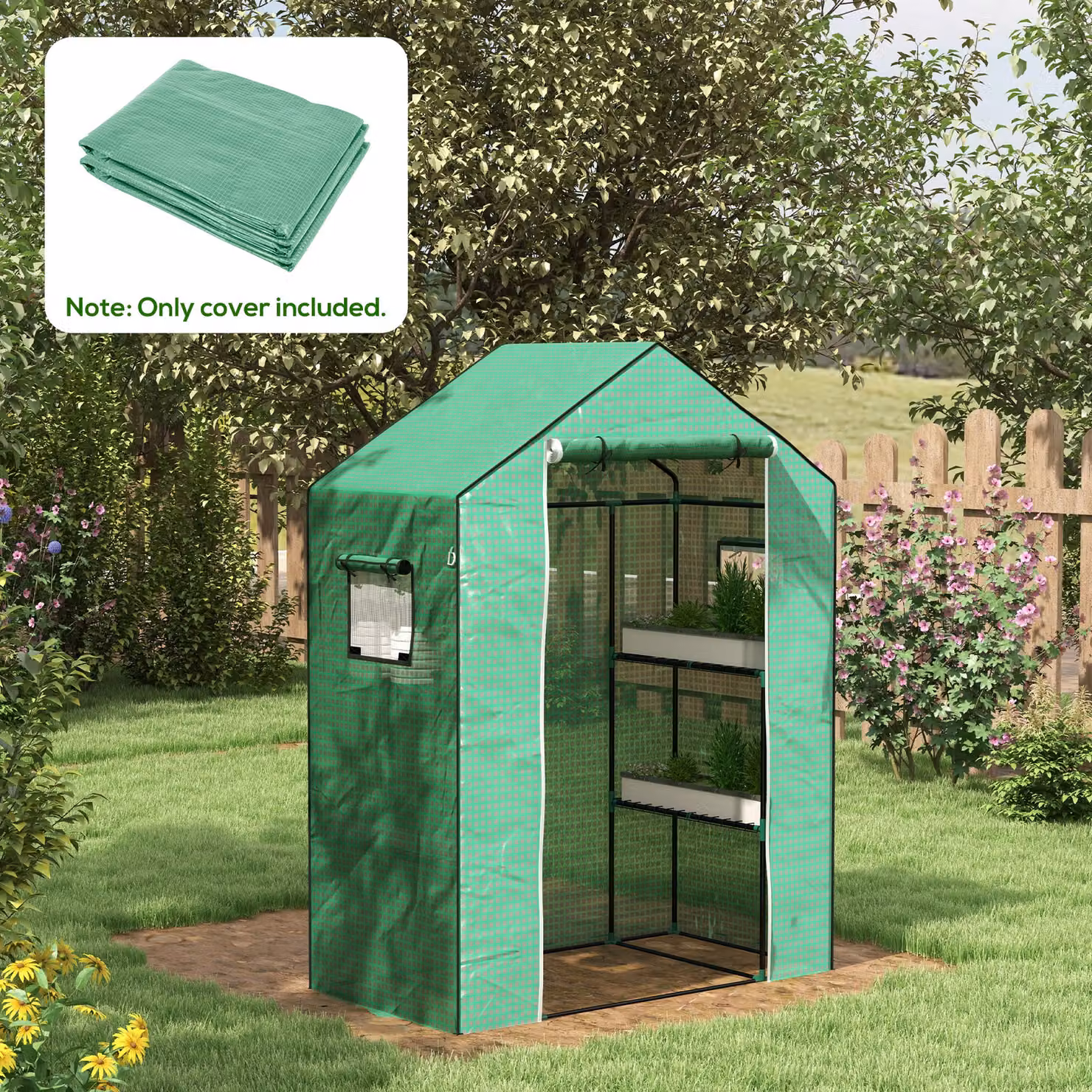 Outsunny Green PE Greenhouse Cover Replacement with Roll-up Door and Windows, W: 140 cm, D: 73 cm, H: 190 cm – 2