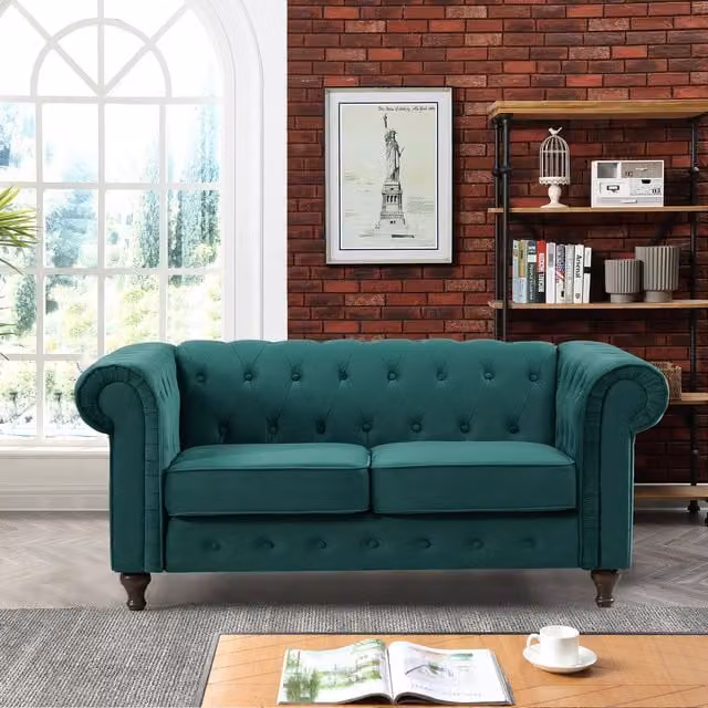 Artemis Home Pelham 2 Seat Chesterfield Sofa in Green Velvet Fabric, Width: 158 cm