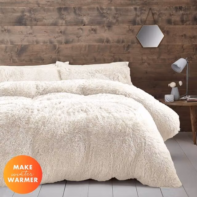 Catherine Lansfield Cuddly Faux Fur Duvet Cover and Pillowcase Set, Beige, W/D/H: 200 x 200 cm – 1
