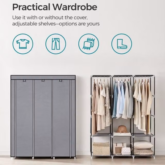 SONGMICS Portable Clothes Wardrobe with Cover in Grey