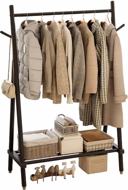 YQJJGL Rolling Solid Wood Coat Rack with Hanging Rod and Storage Shelves in Matt Black