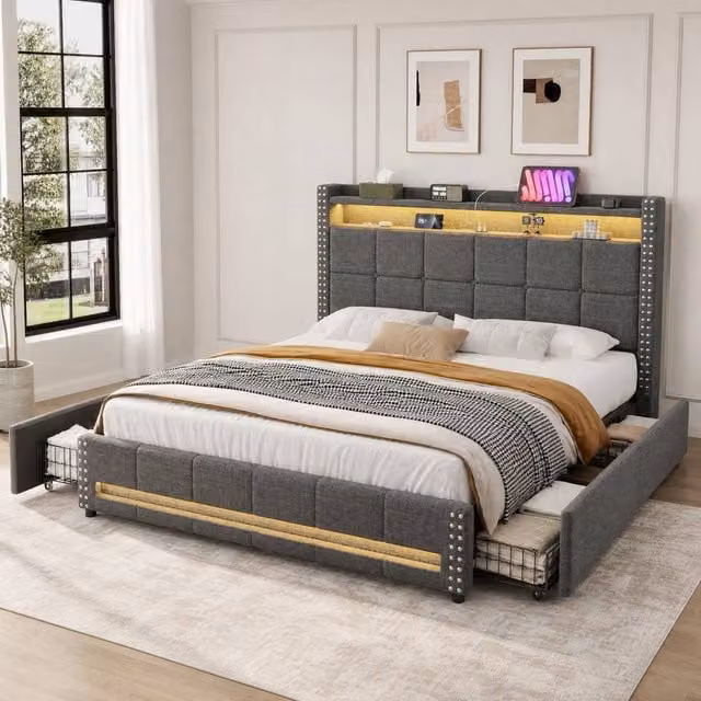 STILVORA Grey Upholstered Double Storage Bed with LED Lighting and USB Charging Ports, W/D/H: 140 x 200 cm