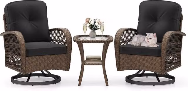 Costway 3 Piece Black Rattan and Metal Swivel Rocker Table and Chairs Set