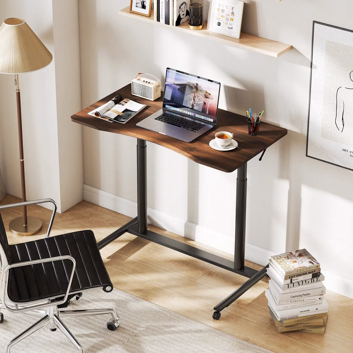 Costway C-Shaped Mobile Standing Desk with Adjustable Height and Castors, Brown – 5