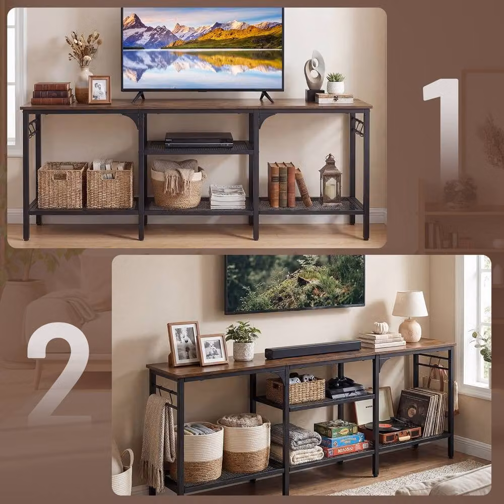 Gymax Industrial TV Stand and Media Console Table with Metal Mesh Shelves in Brown for up to 65 inch TVs – 3