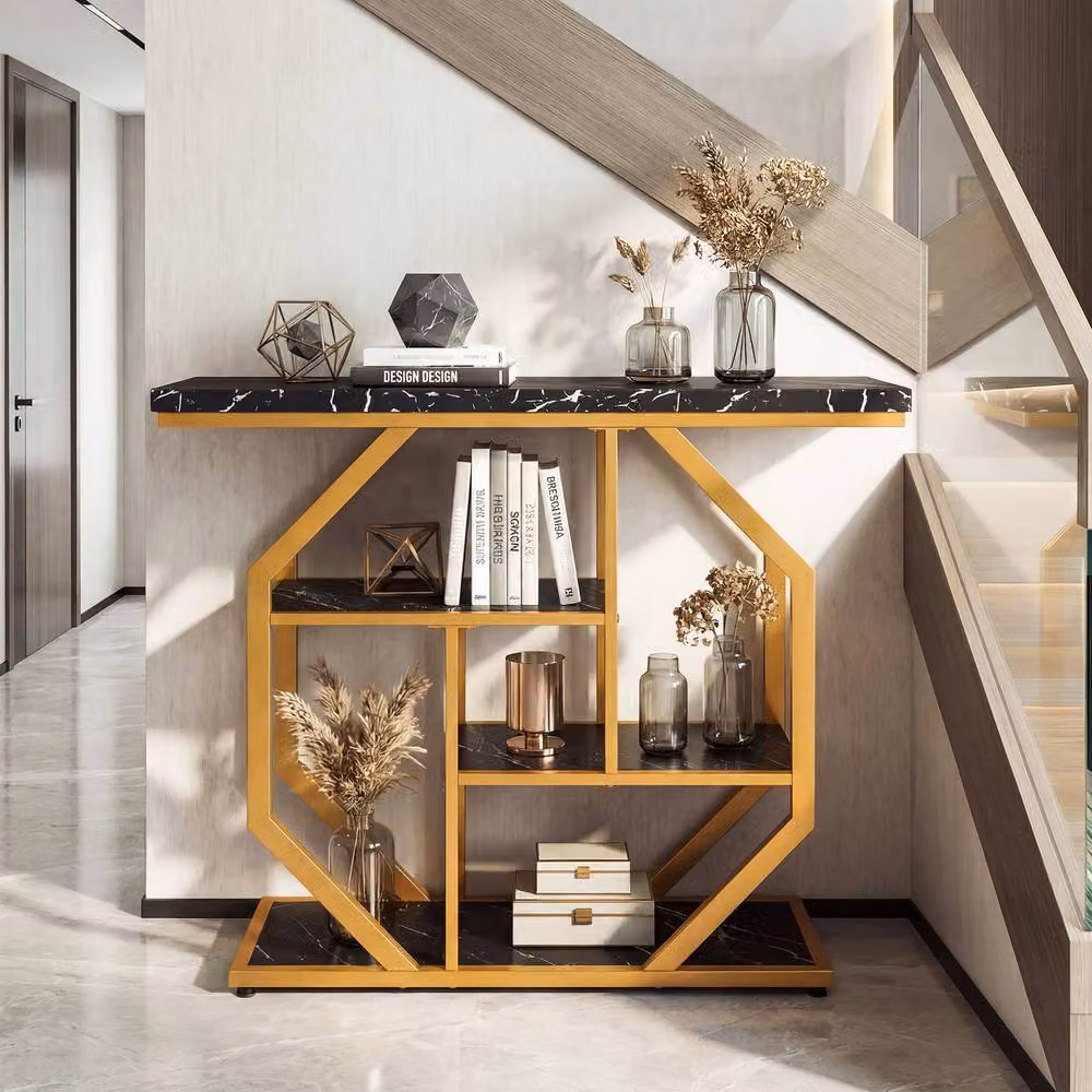 Costway Modern 4-Tier Console Table with Marble Top and Storage Shelves in Black – 9