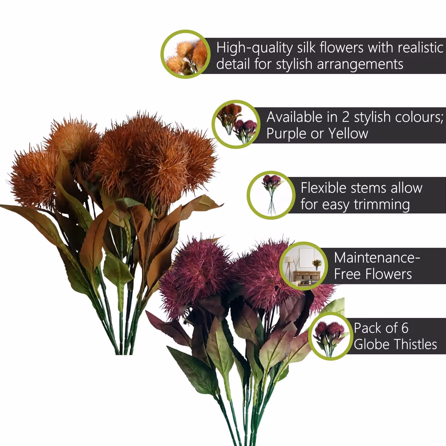 Pegdev Pack of 6 Purple and Yellow Artificial Globe Thistle Floral Stems, Height: 70 cm – 2