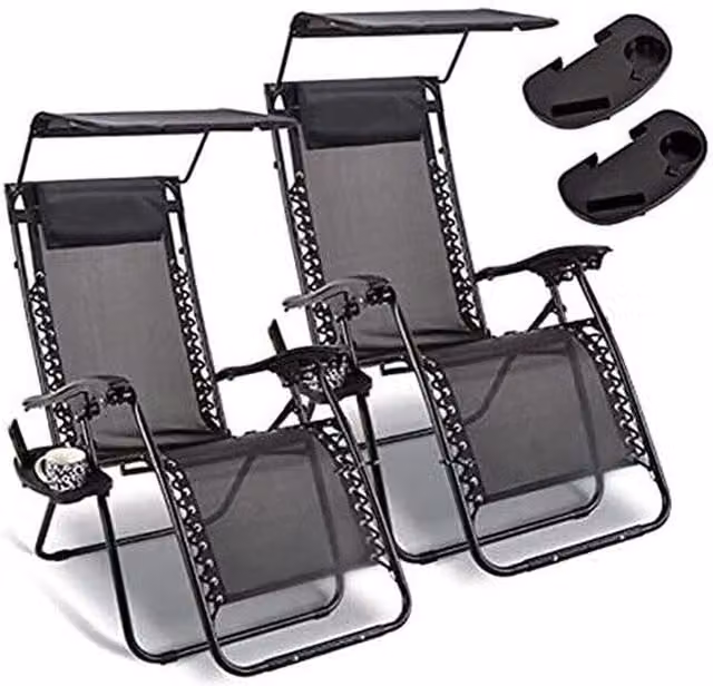 Garden Mile Set of 2 Black Zero Gravity Sun Loungers with Canopy, Adjustable Headrests and Cup Holders