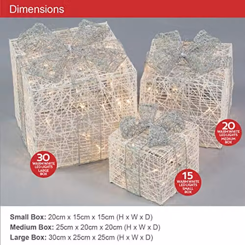 The Christmas Workshop Set of 3 Light-Up Christmas Boxes in Silver and White with 65 Warm White LEDs – 2