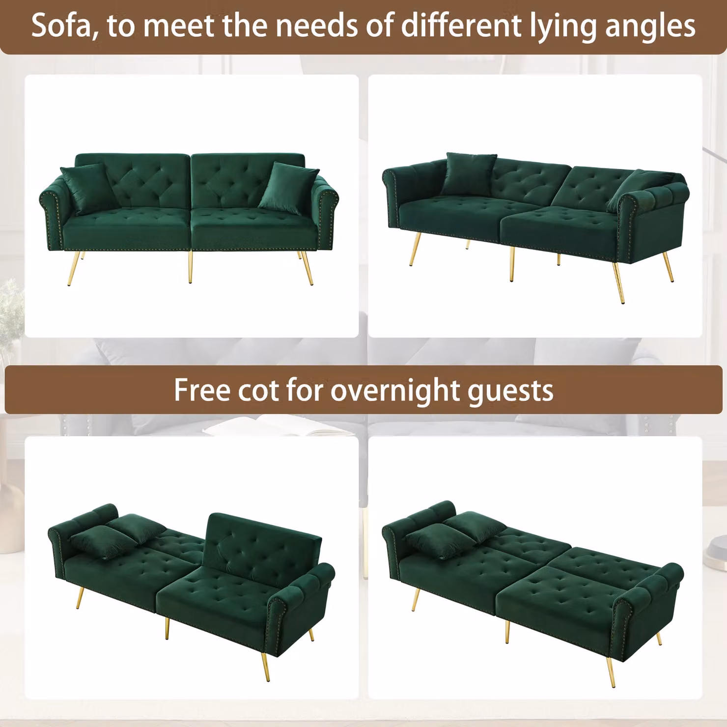 Matteo 2-Seater Velvet Sofa Bed with Click-Clack Mechanism and Gold Metal Legs in Green – 3