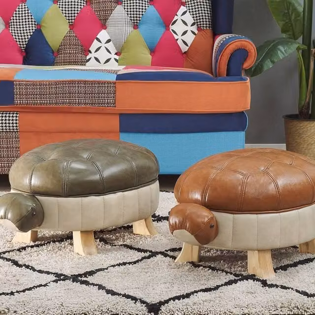 Wyld and Coco Turtle Stool in Green Faux Leather with Rubberwood Legs