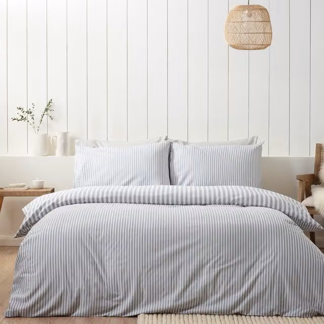 Catherine Lansfield Reversible Striped Cotton Flannel Duvet Cover Bedding Set in Silver, Blue and Grey