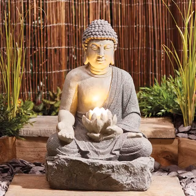Serenity Lotus Buddha Tabletop Water Feature in Grey