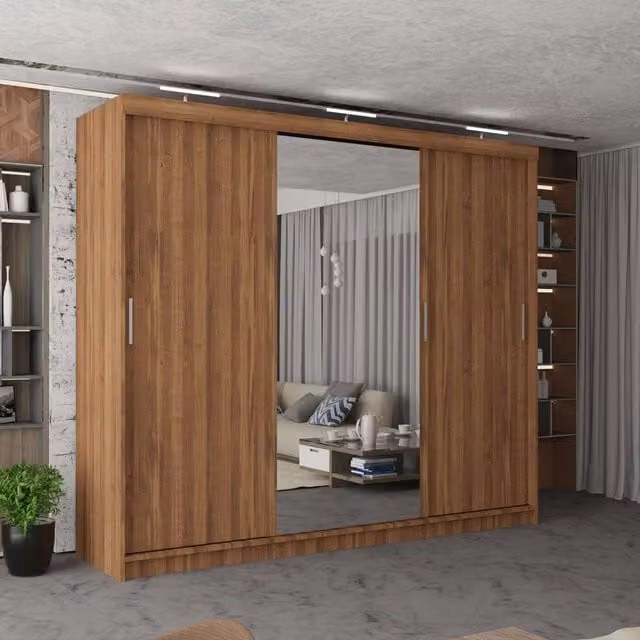 MN Furniture Modern 3 Door Sliding Wardrobe with LED Lighting, Mirror and Internal Drawers, Width: 250 cm