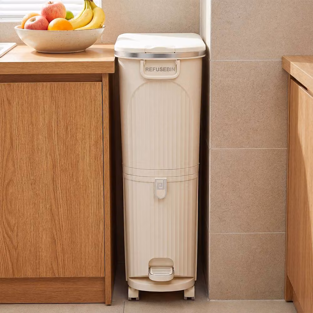 Costway 43L Double-Layer Pedal Kitchen Trash Can with Lid in Beige – 2