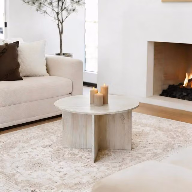 OHS Round Travertine Effect Coffee Table in Beige Engineered Wood