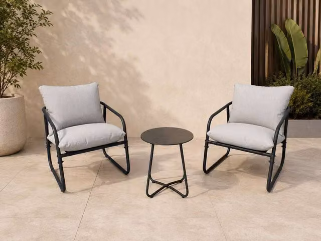 Alivio 3-Piece Outdoor Patio Bistro Set with Cushioned Lounge Chairs and Round Iron Side Table in Grey – 1