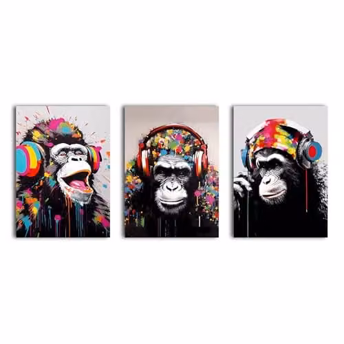 Simpa Headphone Apes 3 Panel Canvas Wall Art, Multicolour Modern Animal Illustration – 1
