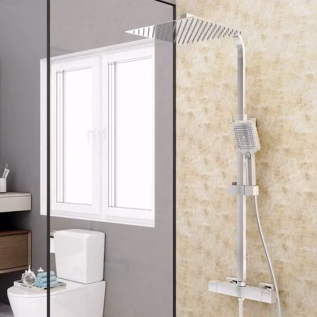 Hinsinc Chrome Square Bar Twin Head Thermostatic Shower Set in Metallic Silver, W: 180 cm, H: 180 cm