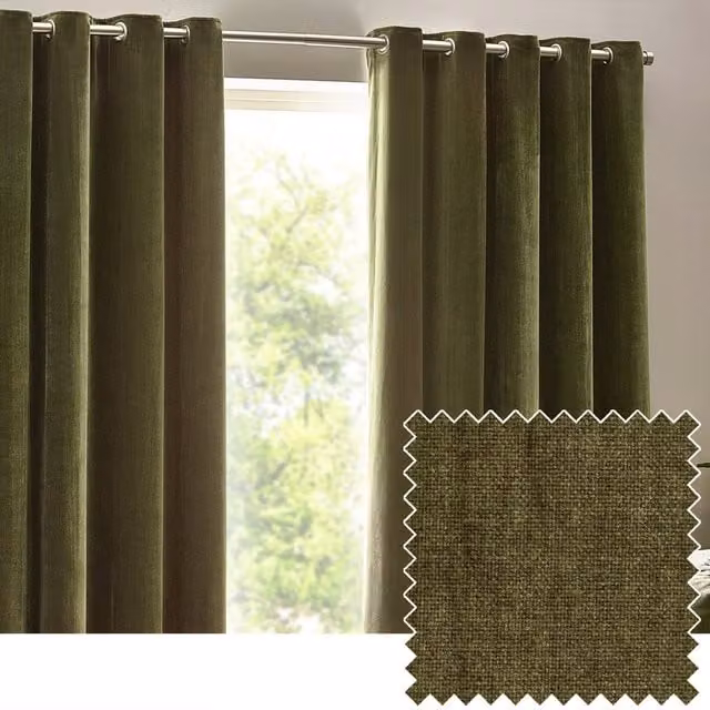 Make It A Home Green Chenille Velvet Room Darkening Eyelet Curtains, Width: 137 cm, Height: 117 cm