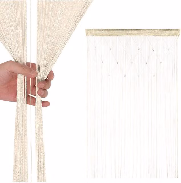Neel Blue Gold and Ivory Beaded String Curtain Panel, W: 100 cm, H: 200 cm