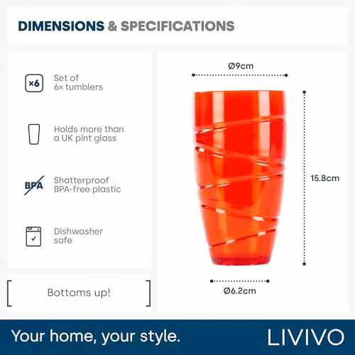 LIVIVO Set of 6 Multicolour Plastic Tumblers, 600ml Stackable BPA Free Drinking Cups – 4