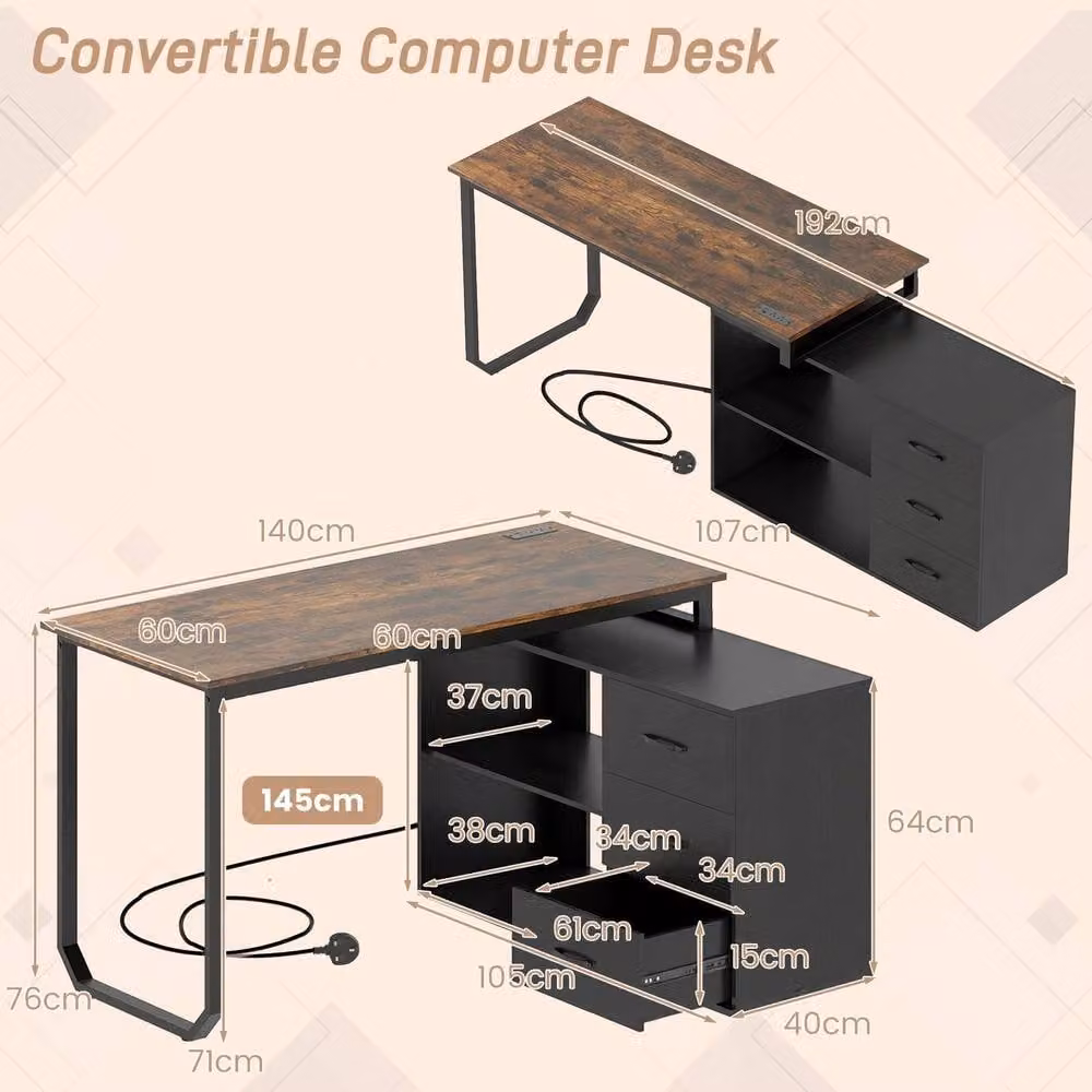 Costway Reversible L-Shaped Corner Desk with Power Outlet in Brown, Width: 140 cm – 2
