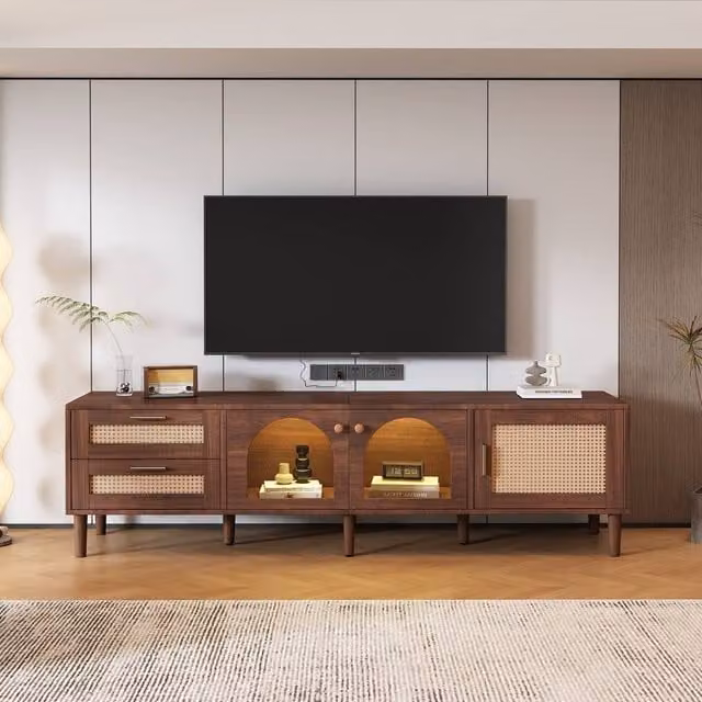Merax Mid-Century Brown Walnut TV Stand with Rattan Doors, Arched Glass and LED Lights, W: 180 cm, D: 40 cm, H: 50 cm