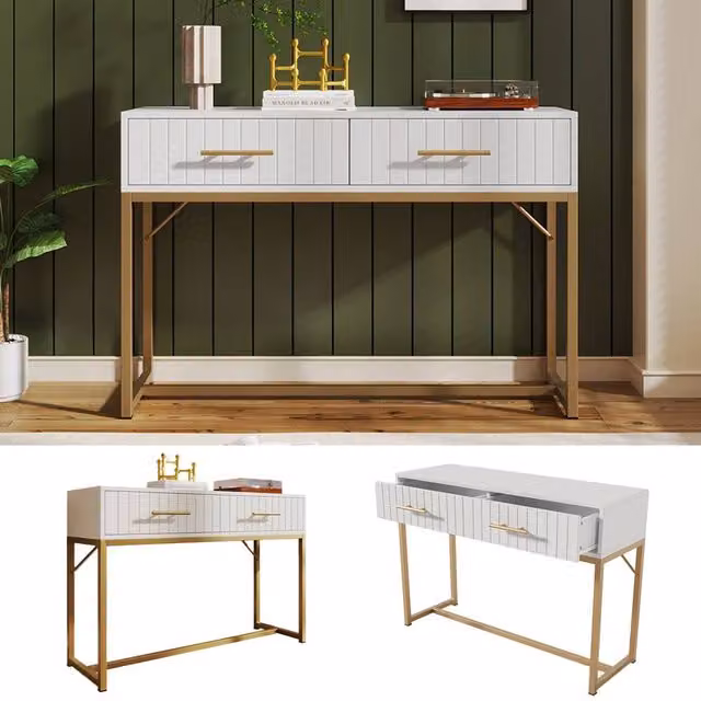 Fascinate White 2-Drawer Chest of Drawers with Gold Handles and Modern Geometric Design – 1