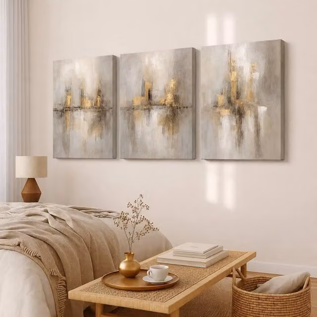 Mafett Luxury Abstract Canvas Wall Art Set of 3 in Gold, Grey and Beige, W: 60.96 cm, H: 81.28 cm