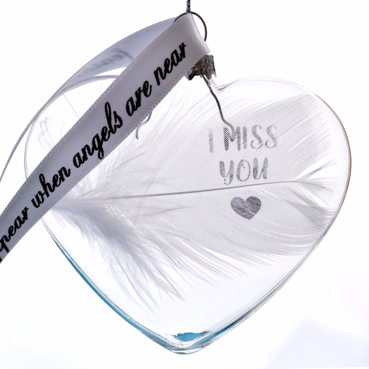 Amaya Rose Ltd I MISS YOU In Memory of Feather Heart Glass Bauble in White and Transparent – 2