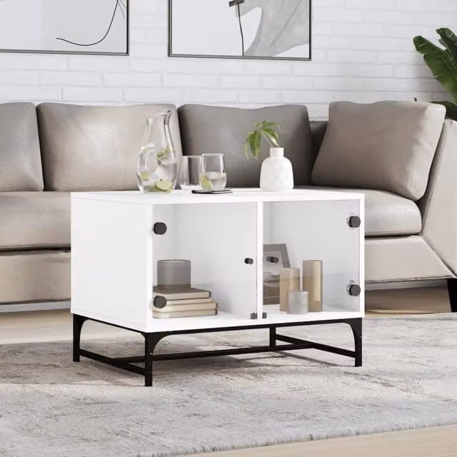 Berkfield Home White Coffee Table with Glass Doors, W/D/H: 68.5 x 50 x 50 cm