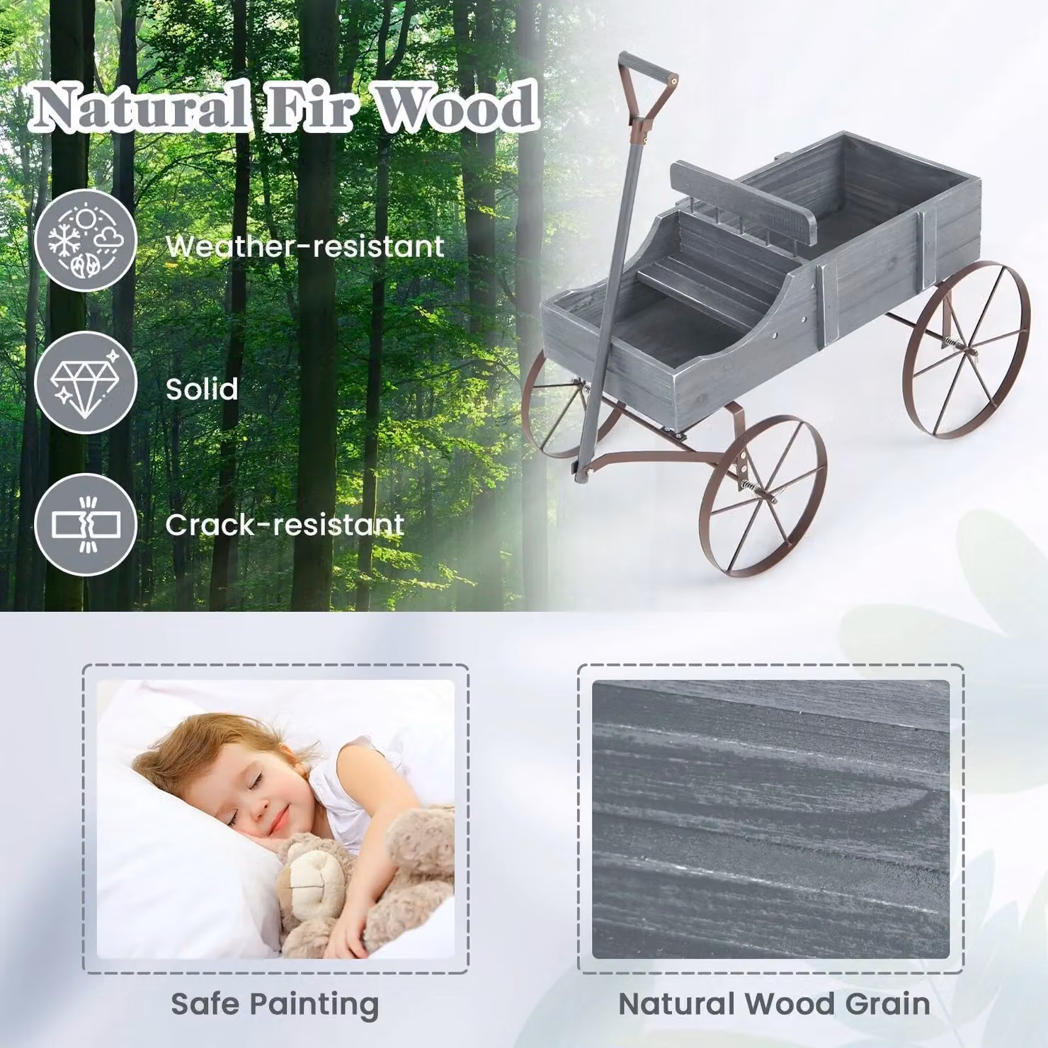 Gymax Wood Wagon Flower Planter with Wheels in Grey, W/D/H: 62 x 34 x 60 cm – 7