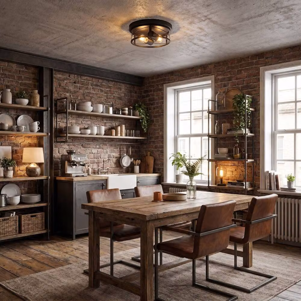 Happy Homewares Industrial Vintage Black Round Flush Ceiling Light with Wire Design – 5