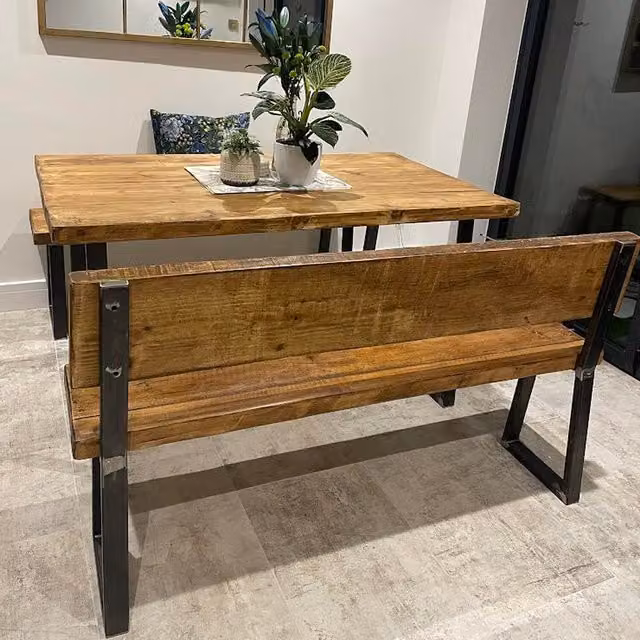 TRL Handmade Furniture Rustic Industrial Dining Table and Bench with Back in Grey Wash and Rugger Brown
