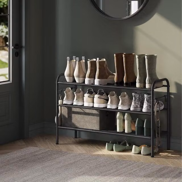 SONGMICS 3-Tier Adjustable Metal Shoe Rack with Hooks in Black