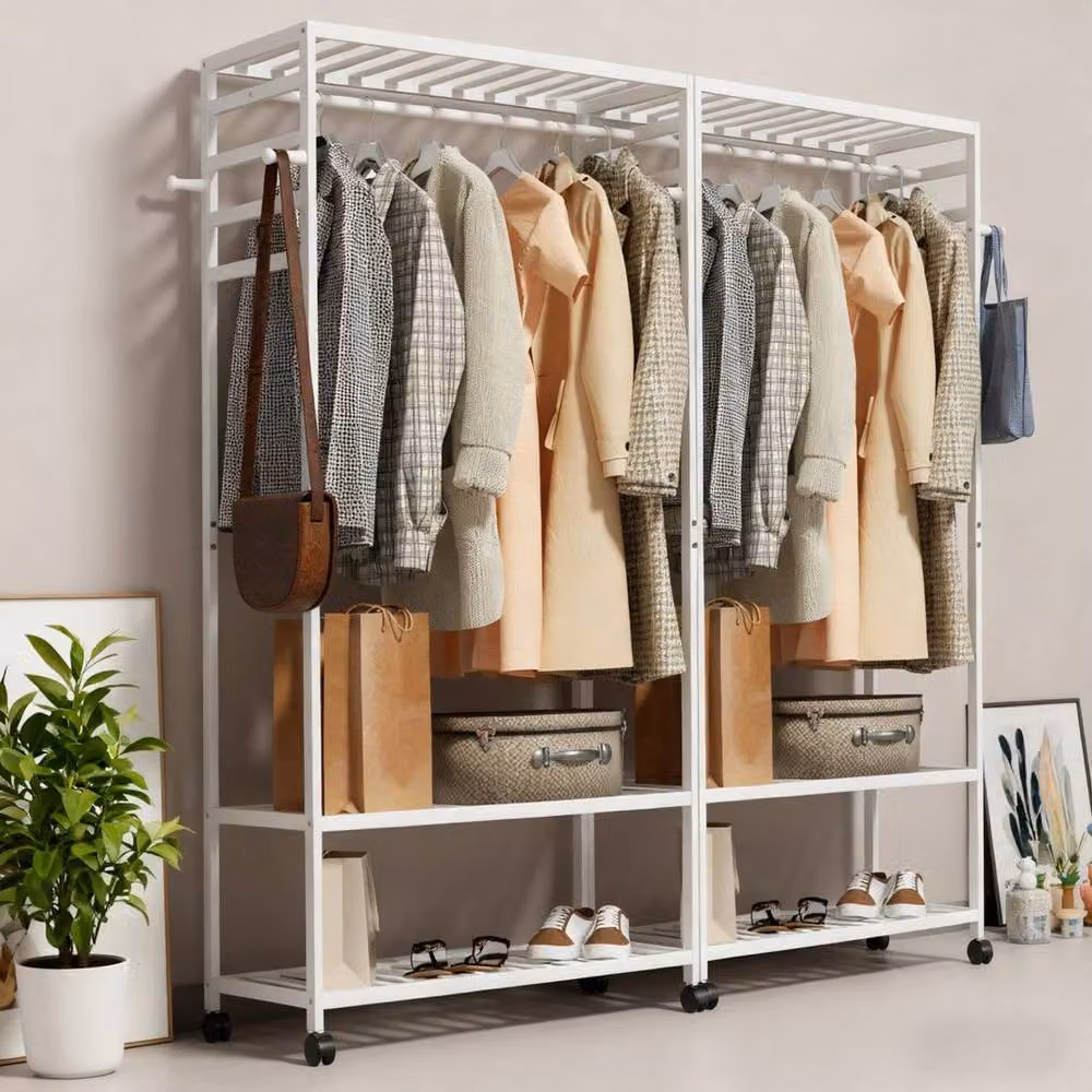 FLAVORA White Rolling Garment and Shoe Storage Rack with Dual Hook and Rail Matrix – 3