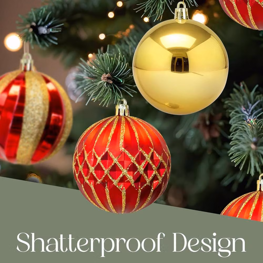 Pelle & Sol 30 Piece Red and Gold Shatterproof Christmas Bauble Set, 6 cm Round Plastic Hanging Decorations – 4