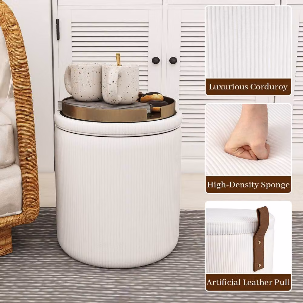Costway Set of 2 Modern Round Upholstered Vanity Stools with Removable Lids in Beige – 5