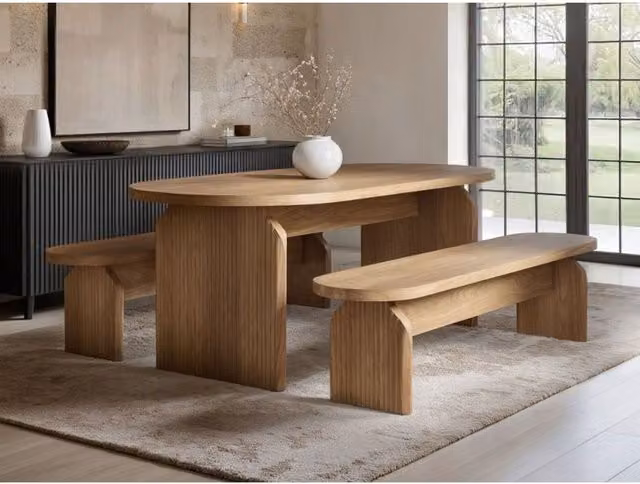 SOLACE+CO Modern Oval Wooden Dining Table and Bench Set in Brown and Black