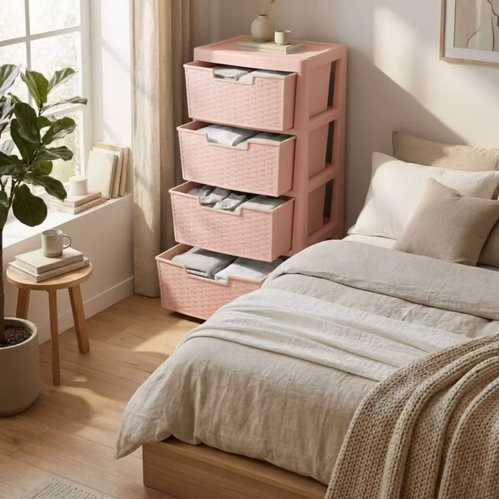SPETLEK 4 Tier Large Pink Rattan Effect Plastic Drawer Unit – 2