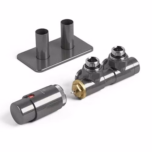 Terma Vario Twins Angled Accessory Valves with Integrated Thermostat and Pipe Masking, 50mm, Left Sided, Sparkling Grey