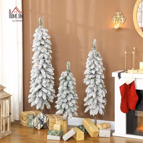 HOMCOM Set of 3 Flocked Slim Downswept Christmas Trees in White and Green, H: 91 cm, H: 122 cm, H: 152 cm – 2