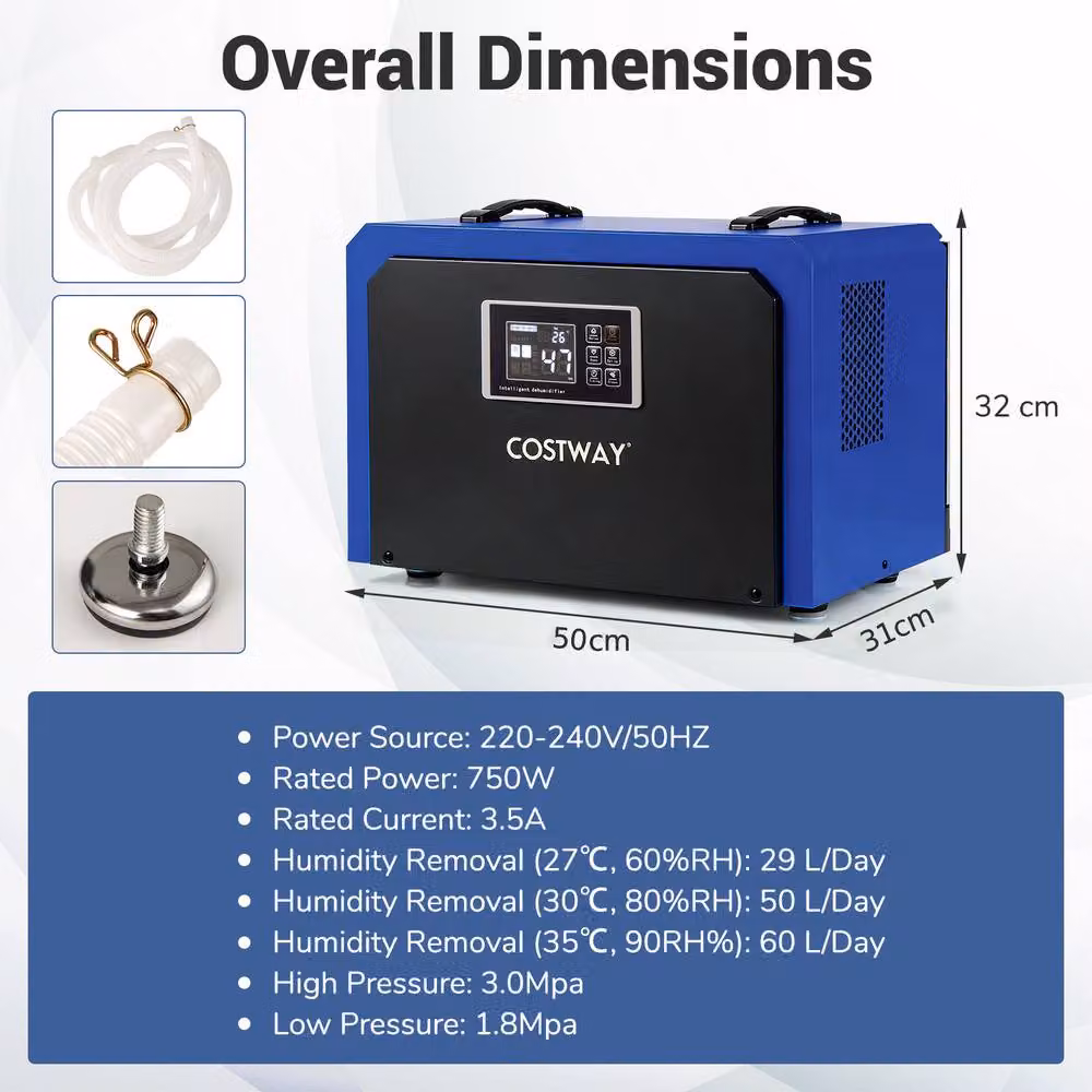 Costway 60L Commercial and Industrial Crawl Space Dehumidifier with 24H Timer, Blue – 2