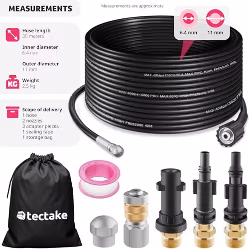 tectake Pipe Cleaning Hose Set with Stainless Steel Nozzles and Adapters, Black, 30m – 6