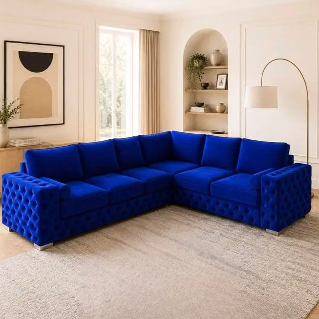 Stratus Interiors Ashley Chesterfield Left Facing Corner Sofa in Blue Plush Velvet Fabric – 1
