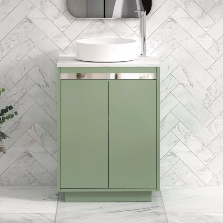 Royal Bathrooms Orion 600mm Mint Sage Floor Standing 2 Door Vanity Unit with Carrara White Undrilled Worktop and Chrome Accent Trim