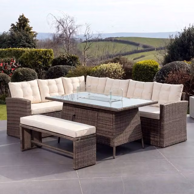 Artemis Home Piana 9 Seat Rattan Corner Sofa Set with Firepit Table and Bench in Brown