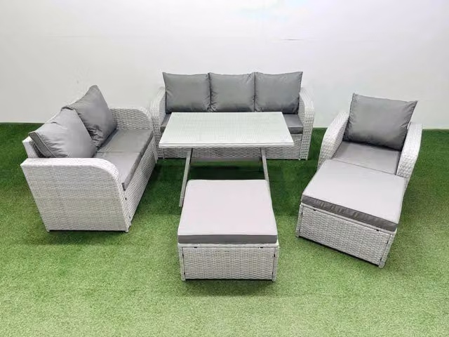 Fimous Patio Dining Table and Chairs Set in Light Grey with Reclining Chair and 2 Big Stools